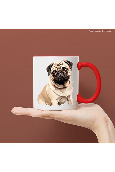 StoryGift Romania Mug with a sad Pug puppy, illustration, eyes almost in tears, collar, for , With ,STG