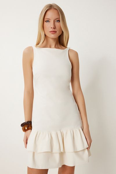 Lovelyİstanbul Back Low-Cut Flounces Woven Dress Cream Lns0059