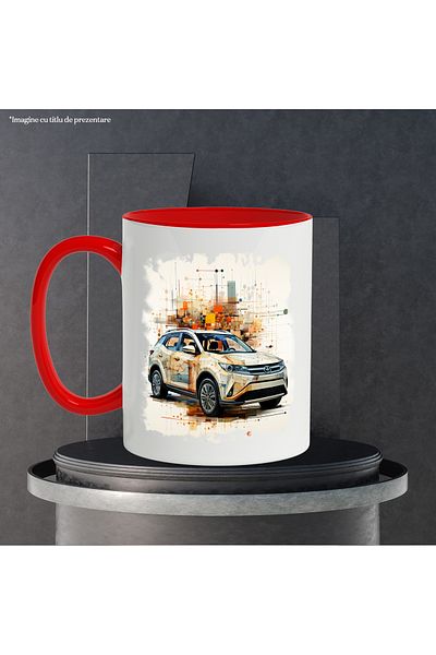 StoryGift Romania Mug With Car, Toyota RAV4, SUV, Geometric, Stripes, Multicolor 330 ml, Ceramic, With