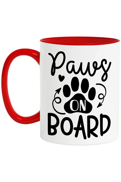 StoryGift Romania Cana Cu Textul In Engleza "paws On Board" - Labute La Bord Cu Maner Rosu, Cu Maner Ro,stg