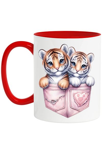 StoryGift Romania Mug with 2 tigers sitting in pockets, illustration, close, crowded, cheerful, With ,STG