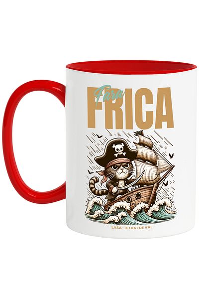 StoryGift Romania Mug Pirate Cat on a stormy sea ship, motivational message WITHOUT FEAR, With ,STG