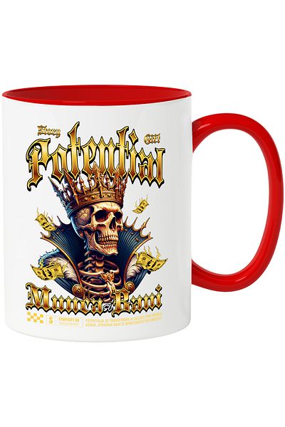 StoryGift Romania Skull and Crown Mug - Potential, Work and Money, 330ml, Ceramic with Red Handle, With M,STG