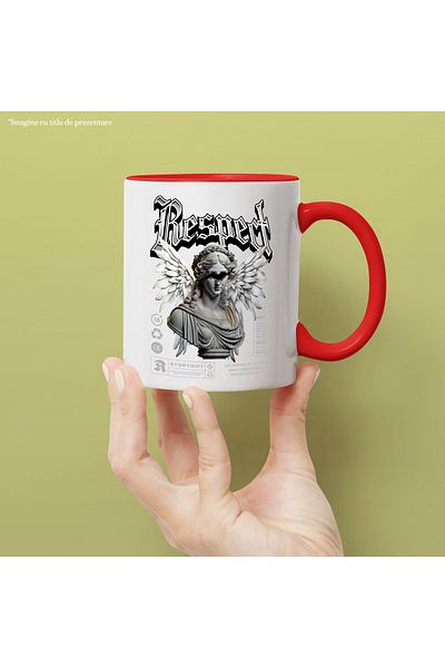 StoryGift Romania RESPECT Mug - Angel Statue with Wings, 330ml, Ceramic with Red Handle, With Red Handle ST,STG.