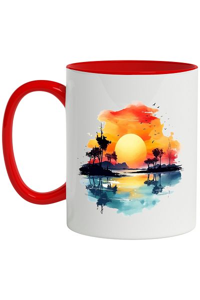 StoryGift Romania Mug With Island: Sunset, Sun, Birds, River, Trees, Tropical, Mountain, Multicolor 33, With ,STG.