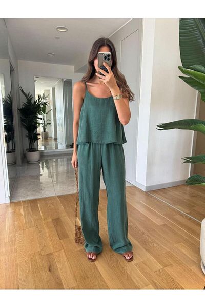 My Blog Emerald Green Satin Look Blouse Trousers Suit - 51043