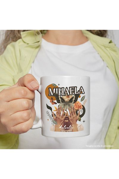 StoryGift Romania Cana Cu Numele Mihaela, Colaj Fata, Fluture, Flori, Cerc, 330ml, Ceramic Cu Mane, Cu ,stg