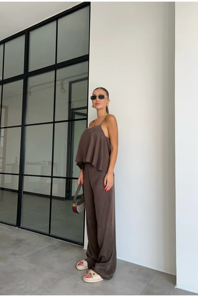 My Blog Barna szatén megjelenésű függőnadrágos blúz nadrág szett - 51043