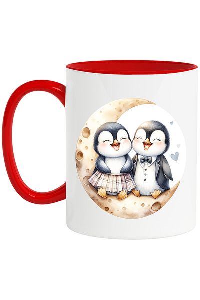 StoryGift Romania Mug with 2 penguins, illustration, hearts, joy, cheerfulness, laughter, crescent moon, apre, With ,STG