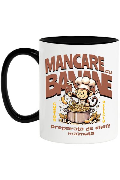 StoryGift Romania Cana mancare cu banane preparat de cheff maimuta, 330ml, Ceramica cu Maner Negru, Cu ,STG
