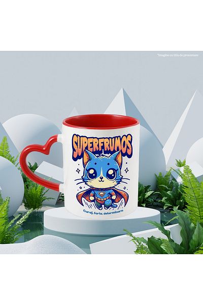 StoryGift Romania Super Handsome Mug, Superhero, Flying Cat, 330ml, Ceramic with Red Heart Handle, With ,STG