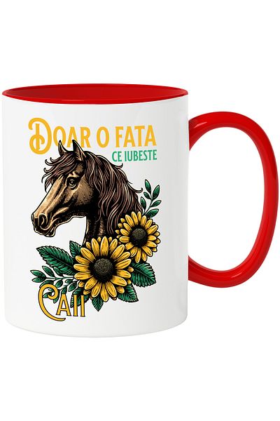StoryGift Romania Horse Mug Girl Who Loves Horses Animal Riding, 330ml, Ceramic with Red Handle, With Handle, STG
