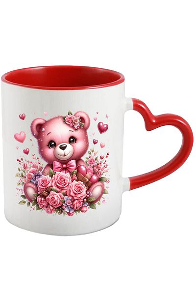 StoryGift Romania Mug with a cheerful bear | illustration | pink | roses | hearts | chocolate | , With ,STG .