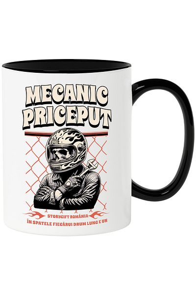 StoryGift Romania Skeleton Mug With Motorcycle Helmet Text Skillful Mechanic, 330ml, Ceramic with Black Handle, With ,STG