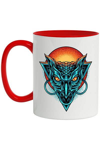 StoryGift Romania Owl Head Mug, Geometric, Rings, Flames, Sun, Multicolor 330 ml, Sky, With ,STG