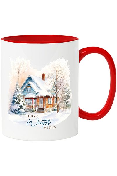 StoryGift Romania Mug with a house covered in snow with the message "Cozy Winter Vibes", feel, Craciu, With, STG