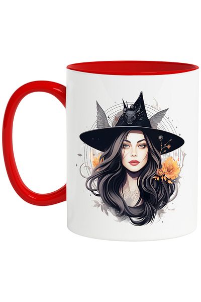 StoryGift Romania Mug with a woman with a witch hat, illustration, Halloween, flowers, bat,, With ,STG