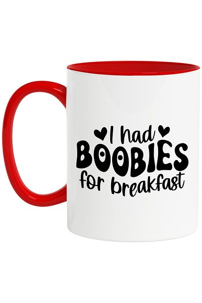 StoryGift Romania Mug with hearts and the message 'I had bo*bies for breakfast' - milk at the little dej, With ,STG