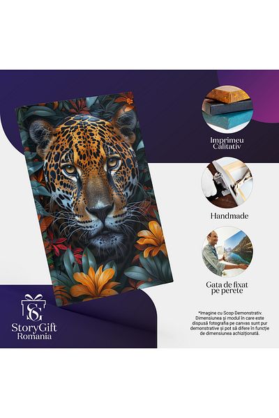 StoryGift Romania Tablou Canvas: Armonie În Sălbăticie - Leopardul, Prietenul Florilor Colorate Pictura Digital