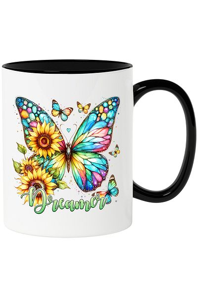 StoryGift Romania Mug with butterfly with multicolored wings and flowers with the message "Dreamer", dreamer, , With ,STG