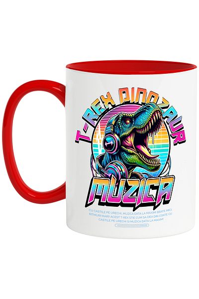 StoryGift Romania T-Rex Dinosaur Mug - Jurassic Music and Headphones, 330ml, Ceramic with Red Handle, With Handle, STG