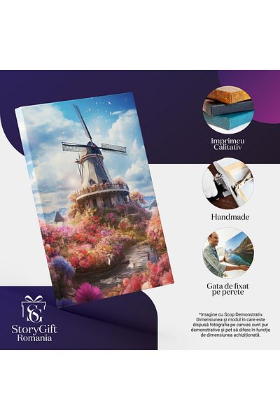 StoryGift Romania Canvas Painting: Windmill on a Field Full of Flowers Next to a Clear River and Blue Sky S