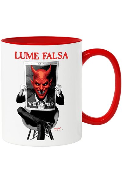 StoryGift Romania Mug Man with Newspaper Devil Text Fake World Who Are You_, 330ml, Ceramic with Red Handle, With ,STG