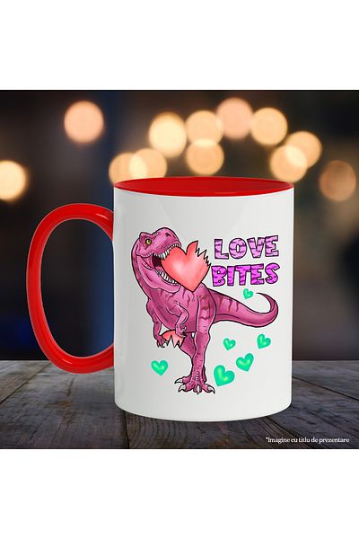 StoryGift Romania Mug with a dinosaur biting a heart with the message "Love Bites", hearts, love, With,STG