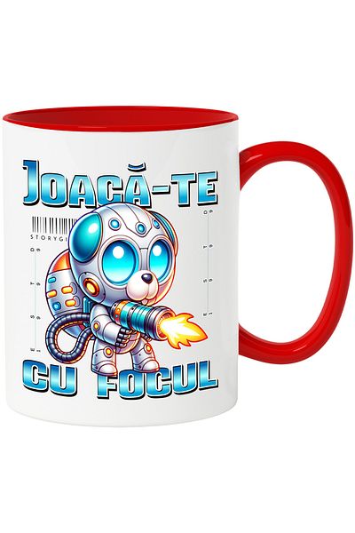 StoryGift Romania Blue robot dog mug with gunPlay with fire, 330ml, Ceramic with Red Handle, With ,STG