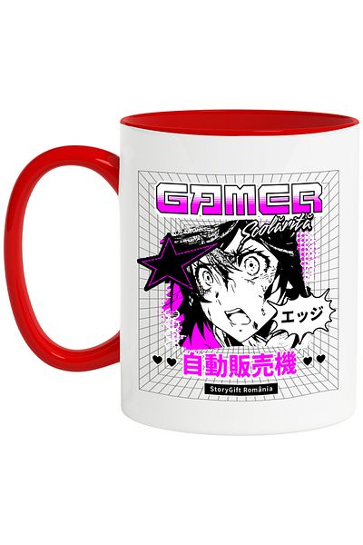 StoryGift Romania Anime girl style mug video games Gamer schoolgirl, 330ml, Ceramic with Red Handle, With M,STG.