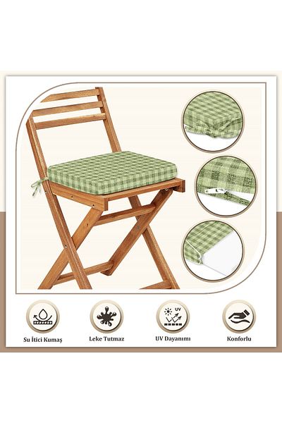 Evim Canvas Single Plaid Liquid Proof Stain Resistant Zippered Lace Chair Cushion Green 40 X 40 cm