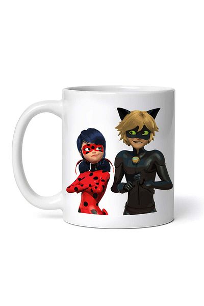 OEM Cană albă personalizată, Miraculous Ladybug și Motan Noir, INOVATIX®. 330 ml