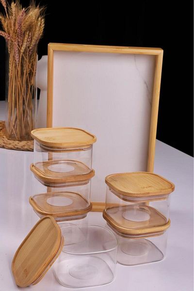Atbyhome Duo 400ml 6-Piece Bamboo White Marble Pattern Tray Bamboo Vacuum Lid Glass Breakfast