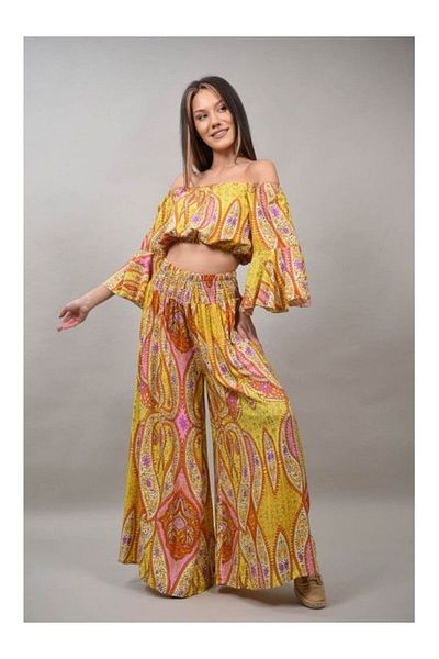 sweet girl Roberta Yellow Floral Crop Top Pant Suit S-m
