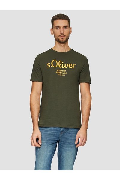 s.Oliver Men's Crew Neck T-shirt With Logo Print, Dark Green, L