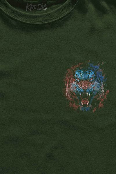 Kretas Unisex Khaki T-Shirt Minimal Front Printed T-Shirt Tiger Claret Red Blue Tiger Design