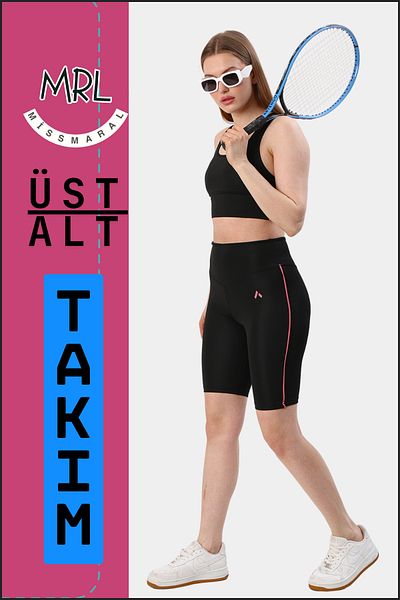 missmaral Set de 2 piese pentru femei, negru, pantaloni scurți, pantaloni scurți și bustieră sport cu tampoane Dusty Rose Piping elt3043