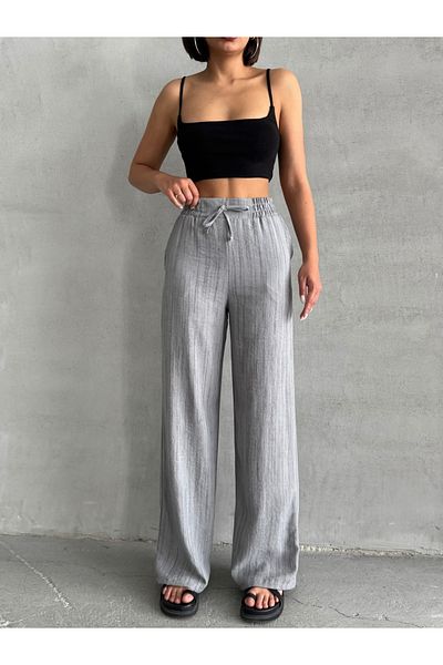 Miss Prova Wide Leg Cord Detailed Linen Blend Trousers Mısspl2636