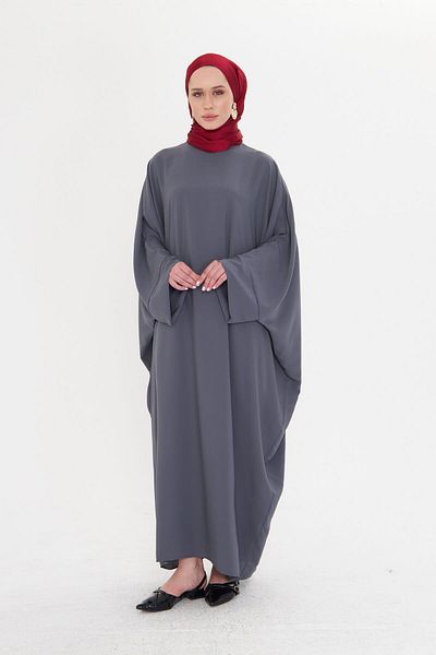 HÜRREM BONE Ανθρακί μανίκι νυχτερίδας Oversize Medina Silk ίσιο φόρεμα με κουμπιά στην πλάτη 4001_25