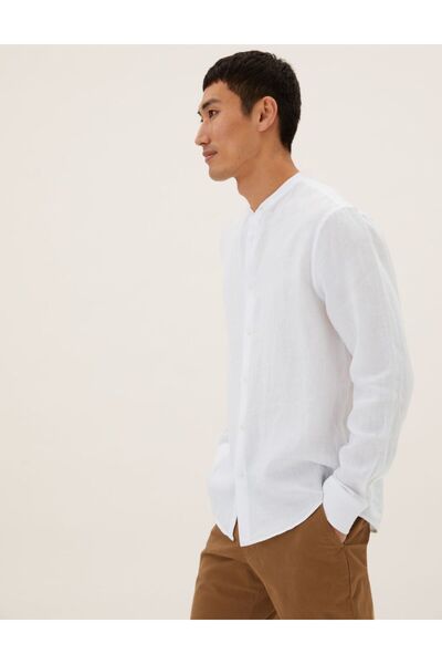 Marks & Spencer Yuvarlak Yaka Uzun Kollu Keten Gömlek