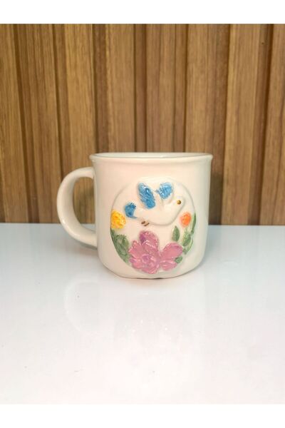 Kuş Kabartma ve Gold Detaylı Seramik Mug Kupa - Seramik El Yapımı Kupa