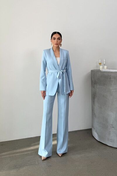 Zera Bağlamalı Blazer Ceket Bol Paça Pantolon Takım