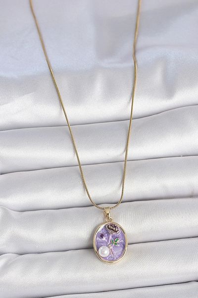 Clariss 316L Steel Gold Color Chain Purple Flower Embroidered Pearl Detail Portrait Model Women's Necklace