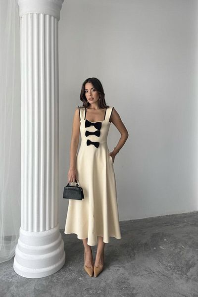 modaserdem Beige Bow Garnished Lace Dress
