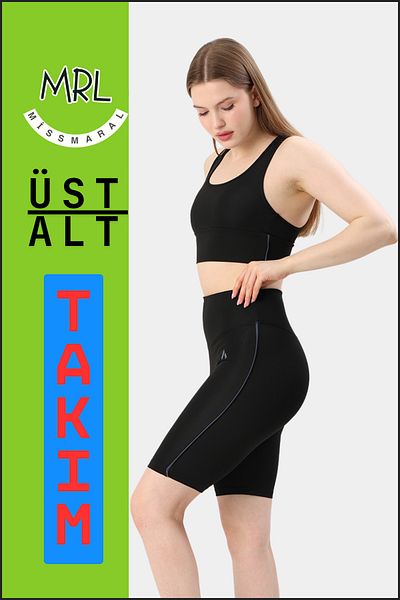 missmaral Set de 2 piese pentru femei, negru, pantaloni scurți, jambiere și bustieră sport cu tampoane, antracit, el3043