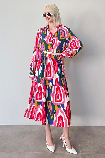 Madmext Pink Long Sleeve Buttoned Patterned Dress Mg2430