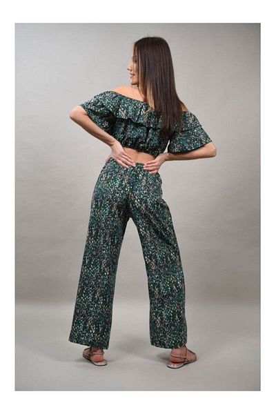 sweet girl Serafino Animal Print Ruffle Crop Top Pant Suit Green L-xl
