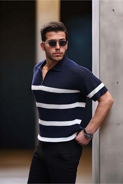 Valiberta Half Zipper Striped Oversize Knitwear T-shirt - Navy Blue