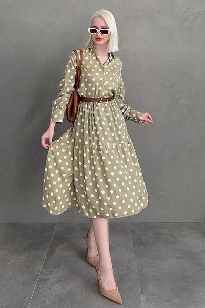 Madmext Khaki Long Sleeve Buttoned Patterned Dress Mg2430