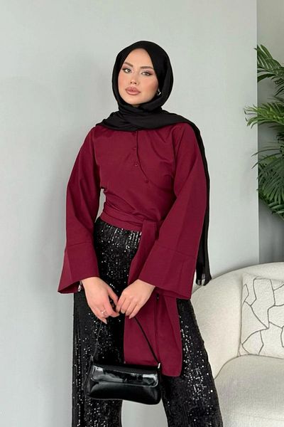 MY QILAM Number 10 Fashion Women's Burgundy Wide Cuff Sleeve Detailed Tie Front Poplin Shirt